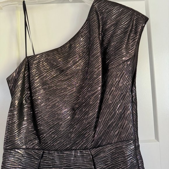 ABS Allen Schwartz Black Mini Dress One Shoulder Silver Metallic Cocktail Sz 6 - Picture 3 of 8
